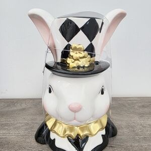 10 Strawberry Street Easter Bunny with Checkered Hat and Gold Bow Cookie Jar